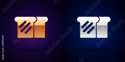 Gold and silver Bread toast for sandwich piece of roasted crouton icon isolated on black background. Lunch, dinner, breakfast snack. Vector.