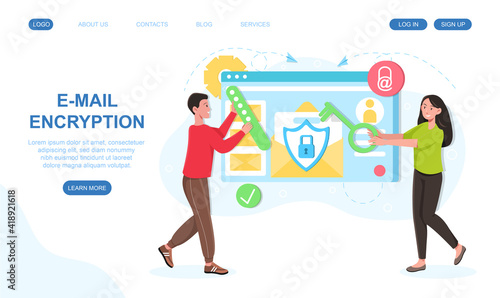 Male and female characters are encrypting email with lock. Concept of protecting email information online with shield. Website, web page, landing page template. Flat cartoon vector illustration