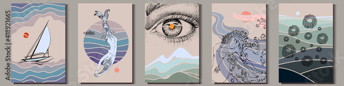 Set of artistic hand-drawn graphic posters. Sailing yacht, mermaids, eye over mountain and abstract art. Vector Illustration