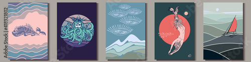 Set of artistic hand-drawn graphic posters. Sea and ocean pictures of fantasy whale, Neptune, mermaid, sailing yacht and abstract art. Vector Illustration