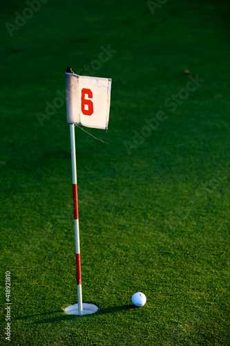 view of a golf course with a red pennant