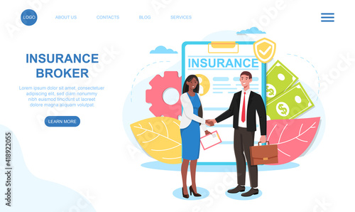 Male insurance broker is making a deal on meeting with client. Man and woman handshaking wearing formal clothes. Website, web page, landing page template. Flat cartoon vector illustration