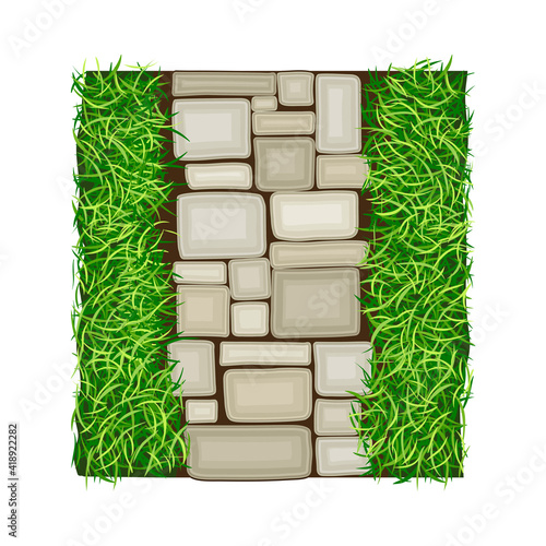 Walkway of Rectangular Cobblestones Rested on Green Lawn Grass as Landscape Design Vector Illustration