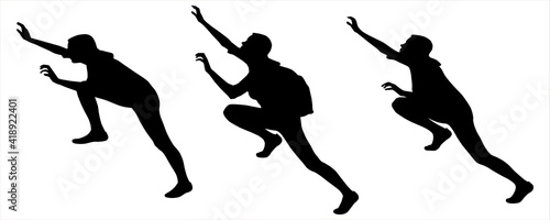 Woman climbs up. Tourist with the backpack moves up. Black silhouette of the girl with the tail on her head, goes up with the backpack. Climber looks up, reaches up, leans on leg. Side view, profile.