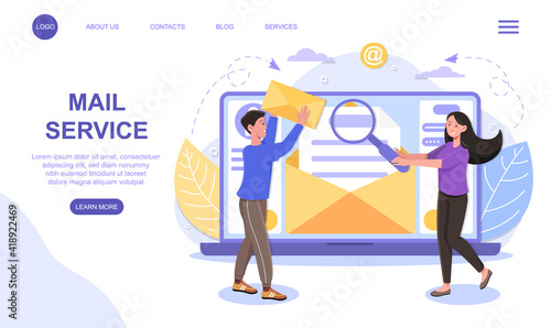 Male and female characters are working in mail service together. Man is holding mail envelope in front of laptop. Website, web page, landing page template. Flat cartoon vector illustration