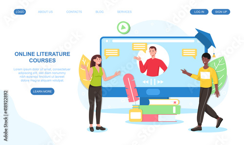 Male and female characters are attending online literature courses on computer. Concept of education and knowledge. Website, web page, landing page template. Flat cartoon vector illustration
