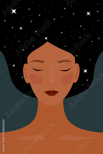 Modern flat character. A woman with the universe in her hair, the night of the star. The character of an Asian Indian woman . Female character dream. A concept in style of artoon. Vector illustration