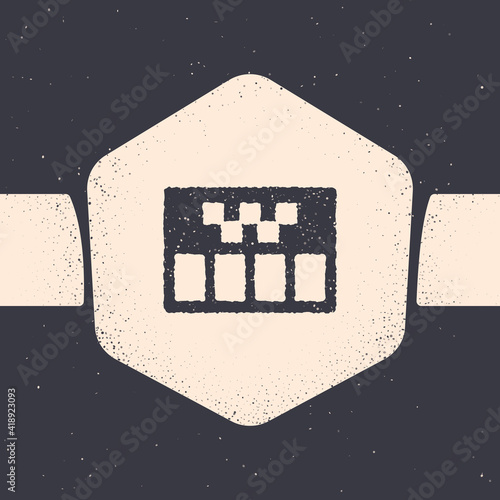 Grunge Taximeter device icon isolated on grey background. Measurement appliance for passenger fare in taxi car. Monochrome vintage drawing. Vector.