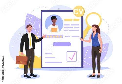 Male and female characters are working on recruitment. Concept of job hiring, online resume and agency interview. Man and woman standing next to clipboard with resume. Flat cartoon vector illustration