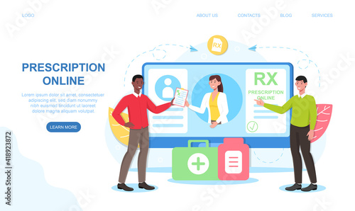 Female doctor writing RX prescription form online. Abstract concept of online clinic. Doctor making patient examination on computer. Website, web page, landing page template. Flat vector illustration