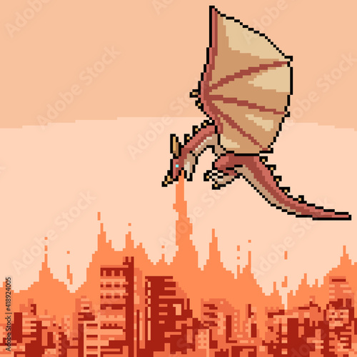 pixel art of dragon burning city