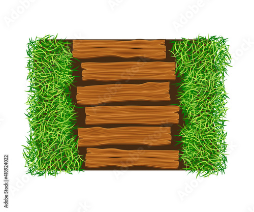Wooden Walkway Rested Among Green Lawn Grass as Footpath Landscape Design Vector Illustration