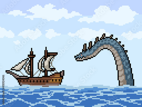pixel art of sea monster chasing ship