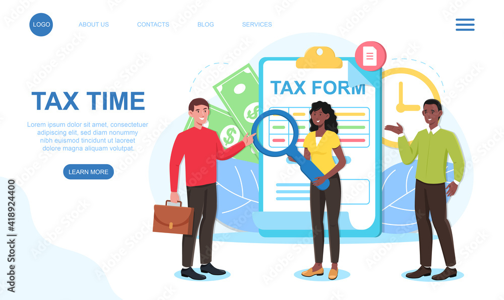 Male and female characters filling out tax form. Man fills paper tax form document. Account books with magnifying glass. Website, web page, landing page template. Flat cartoon vector illustration