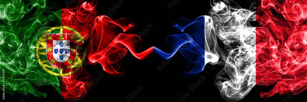 Obraz premium Portugal, Portuguese vs France, French smoky mystic flags placed side by side. Thick colored silky abstract smoke flags.