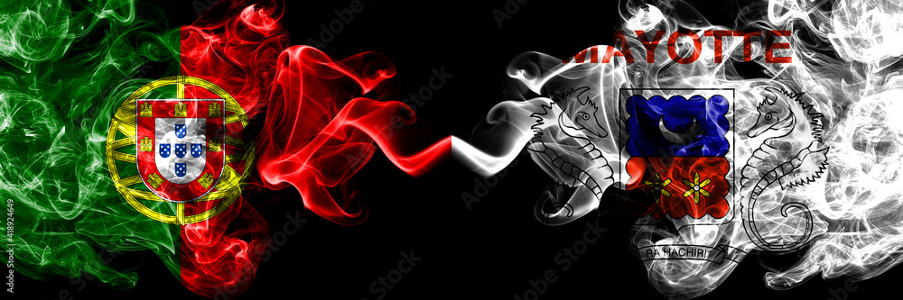 Portugal, Portuguese vs France, French, Mayotte smoky mystic flags placed side by side. Thick colored silky abstract smoke flags. Portugal, Portuguese vs France, French, Mayotte smoky mystic flags placed side by side. Thick colored silky abstract smoke flags.
