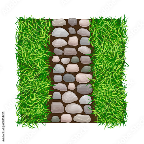 Walkway of Smooth Cobblestones Rested on Green Lawn Grass as Landscape Design Vector Illustration