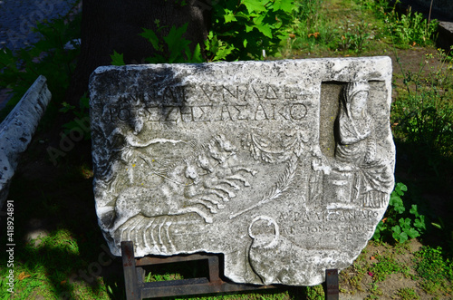 Greek symbols engraved on White marble, Greek scripts on White stone. photo