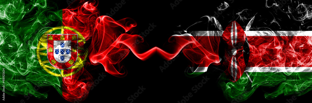Portugal, Portuguese vs Kenya, Kenyan smoky mystic flags placed side by side. Thick colored silky abstract smoke flags. Portugal, Portuguese vs Kenya, Kenyan smoky mystic flags placed side by side. Thick colored silky abstract smoke flags.