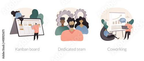 Project workflow abstract concept vector illustration set. Kanban board, dedicated team, coworking for freelancers, agile project management, scrum meeting, IT outsource abstract metaphor.