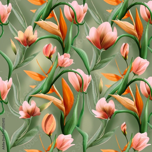 Seamless fabric texture, modern design, illustration with flowers and leaves