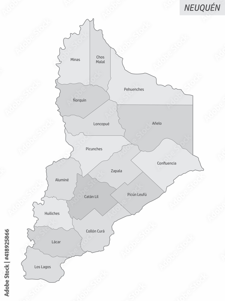 The Neuquen province isolated map divided in departments with labels, Argentina
