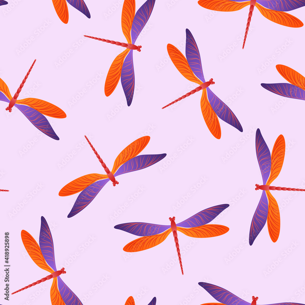 Dragonfly cartoon seamless pattern. Summer clothes fabric print with darning-needle insects. Close