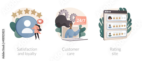 Client feedback tracking abstract concept vector illustration set. Satisfaction and loyalty, customer care, rating site, online tech support, product review page, marketing tool abstract metaphor.