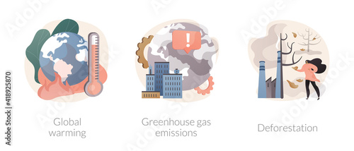Environmental pollution abstract concept vector illustration set. Global warming, greenhouse gas emissions, deforestation, ecological problem, palm oil production, CO2 gas and smog abstract metaphor.