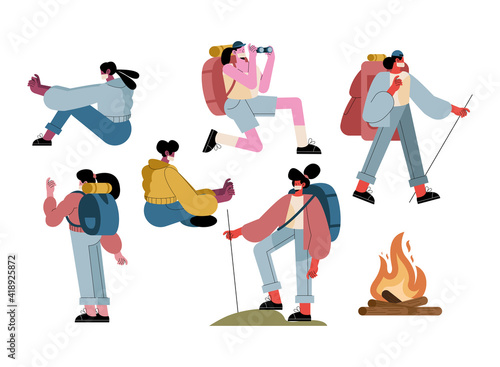 group of six travelers wearing masks and campfire