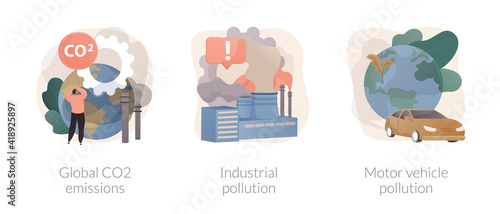 Global carbon footprint abstract concept vector illustration set. Global CO2 emissions, industrial pollution, motor vehicle emission reduction, greenhouse effect, transportation abstract metaphor.