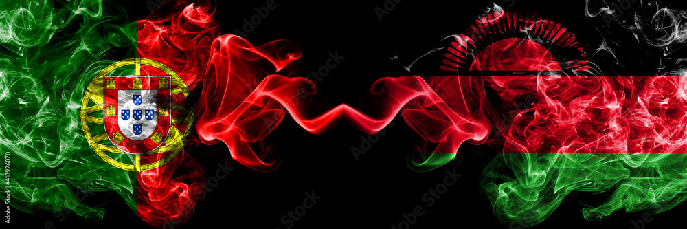 Portugal, Portuguese vs Malawi smoky mystic flags placed side by side. Thick colored silky abstract smoke flags. Portugal, Portuguese vs Malawi smoky mystic flags placed side by side. Thick colored silky abstract smoke flags.