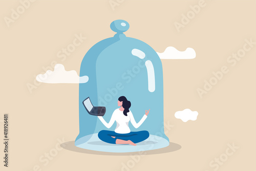 Introvert working space, privacy to work individual, employee work productively when working alone concept, introvert disconnected woman working alone with computer laptop covered inside glass dome.