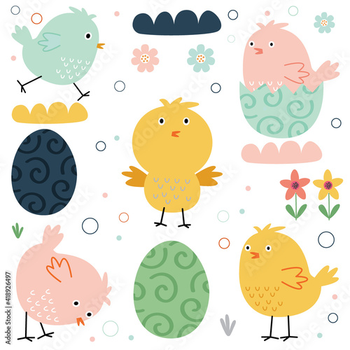 Sets of cute chick with pastel color on white background