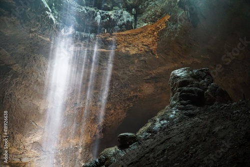 Beautiful ray of light inside Jomblang Cave  Yogyakarta  Indonesia