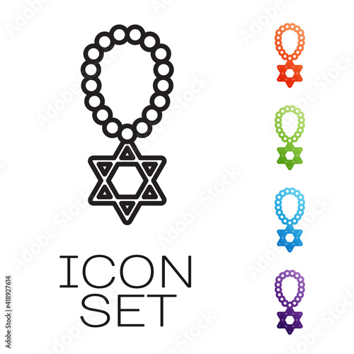 Black line Star of David necklace on chain icon isolated on white background. Jewish religion symbol. Symbol of Israel. Jewellery and accessory. Set icons colorful. Vector.