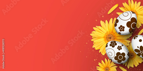 poster, greeting card and banner template with easter eggs and yellow gerbera flower on red background. top view. flat lay. space for text. 3D illustration