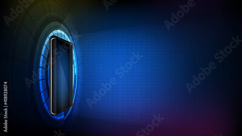 abstract background of futuristic technology. glowing smart mobile phone with halogram vr hud element photo