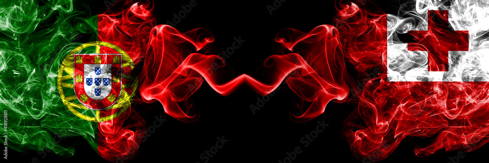 Portugal, Portuguese vs Tonga smoky mystic flags placed side by side. Thick colored silky abstract smoke flags. Portugal, Portuguese vs Tonga smoky mystic flags placed side by side. Thick colored silky abstract smoke flags.