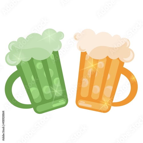 Pint of green ale and pint of beer isolated on white background close-up. Beer party symbol for St. Patrick's Day celebration.