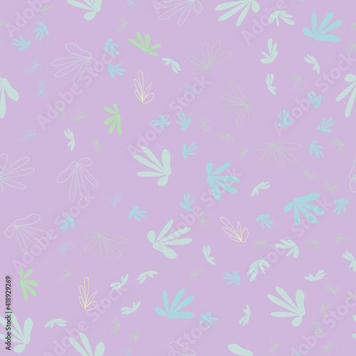 Seamless floral pattern. Endless repetition in a hand-drawn style. Botanical design for textiles, natural fabrics, packaging, wallpaper or decor. Lilac background. Gypsy style. Vector
