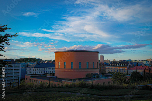 Photography Stadsbibliotek - Stockholm Public Library building at sunset