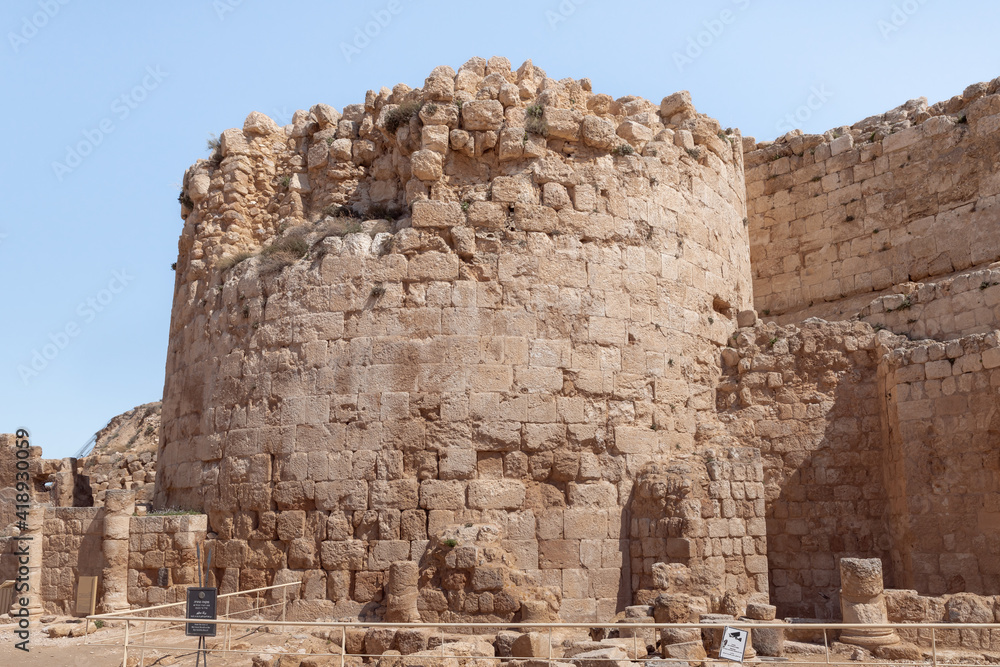 Remains of the main tower in ruins of the palace of King Herod - Herodion in the Judean Desert, in Israel