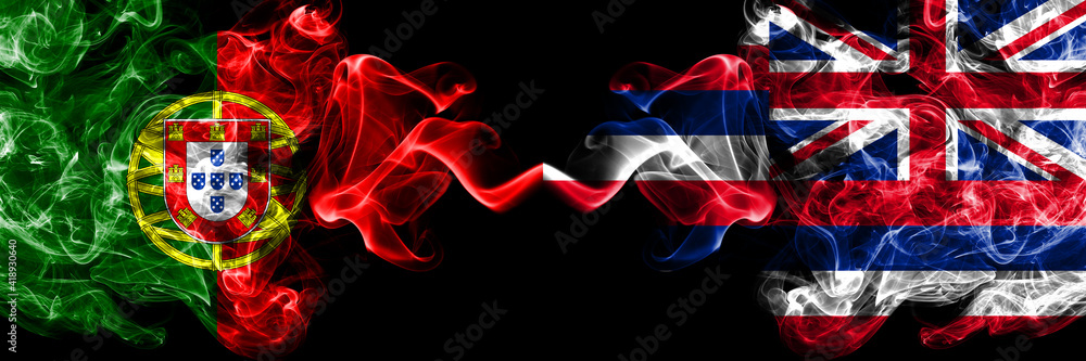 Obraz premium Portugal, Portuguese vs United States of America, America, US, USA, American, Hawaii, Hawaiian smoky mystic flags placed side by side. Thick colored silky abstract smoke flags.