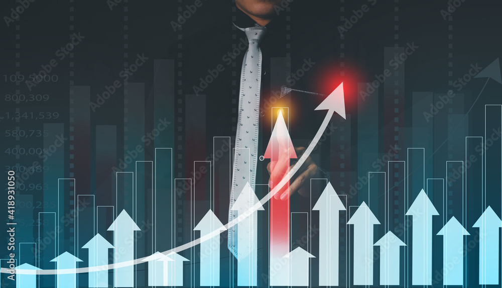 Fototapeta premium Business Development to Success and Understanding Annual Income Businessman Arrow Graph of Corporate Future Growth