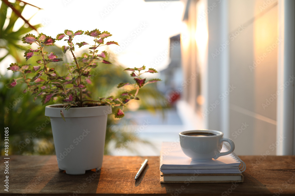 White coffee cup and plant pot on wooden table White coffee cup and plant pot on wooden table