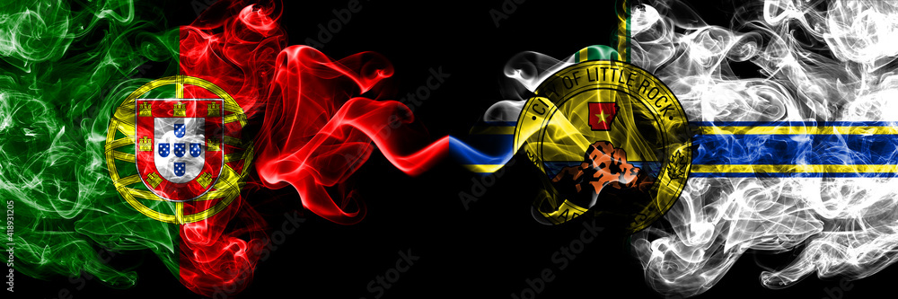 Portugal, Portuguese vs United States of America, America, US, USA, American, Little Rock smoky mystic flags placed side by side. Thick colored silky abstract smoke flags. Portugal, Portuguese vs United States of America, America, US, USA, American, Little Rock smoky mystic flags placed side by side. Thick colored silky abstract smoke flags.