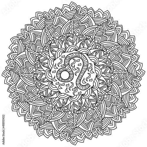 Zodiac sign Leo mandala, meditative coloring page with triangular striped ornaments