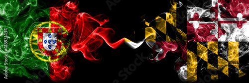 Portugal, Portuguese vs United States of America, America, US, USA, American, Maryland smoky mystic flags placed side by side. Thick colored silky abstract smoke flags.