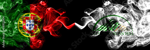 Portugal, Portuguese vs United States of America, America, US, USA, American, Morgan Hill, California smoky mystic flags placed side by side. Thick colored silky abstract smoke flags.